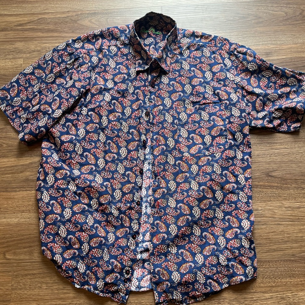Alan Flusser Mens Floral Navy Blue Button Shirt Size Large